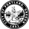 Official City of Portland seal. The image depicts Portlandia holding her trident backdropped by mountain and river, accompanied by the text 'City of Portland, Oregon 1851'